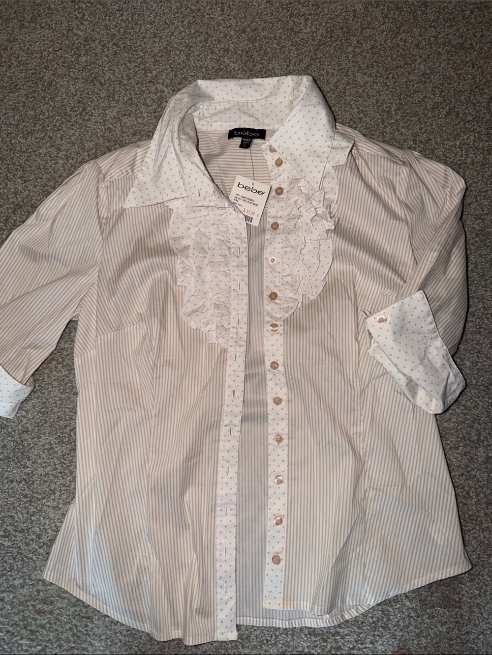 bebe Cream and Light Brown Striped Ruffle Button-Down Shirt 2000s large